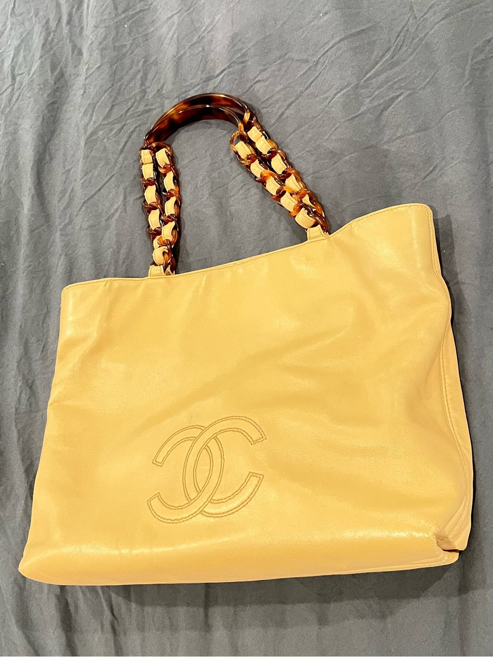 CHANEL Beige Leather Tote with Tortoiseshell-Style Chain Handles